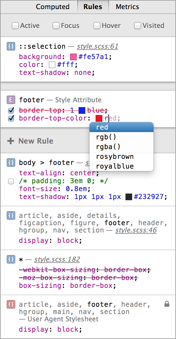 Web Inspector Style details sidebar