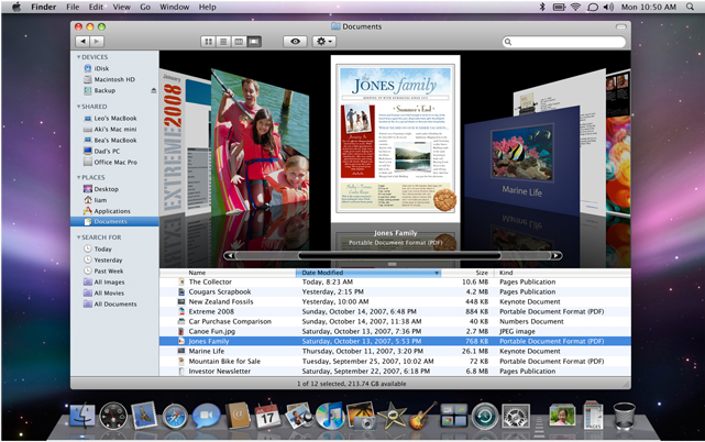 Screenshot of a Finder window, showing a Cover Flow view of the user's Documents directory.
