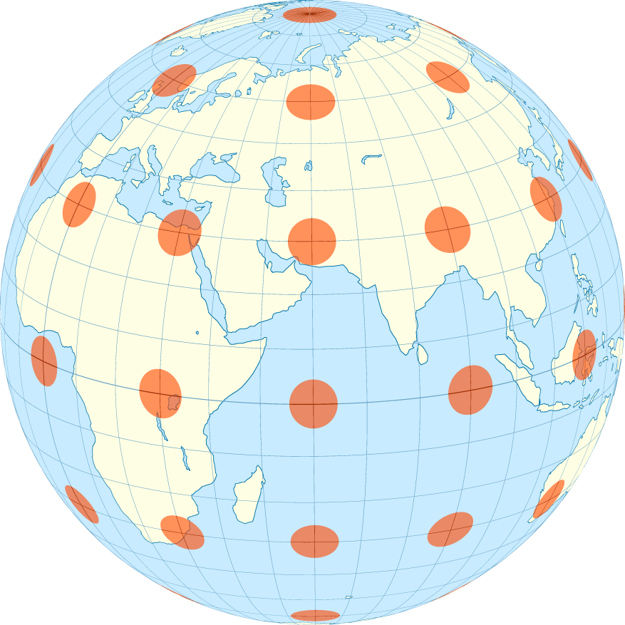 Spherical mapping of the equirectangular texture. Note the dots at and near the poles appear at the same scale as the dots at the equator.