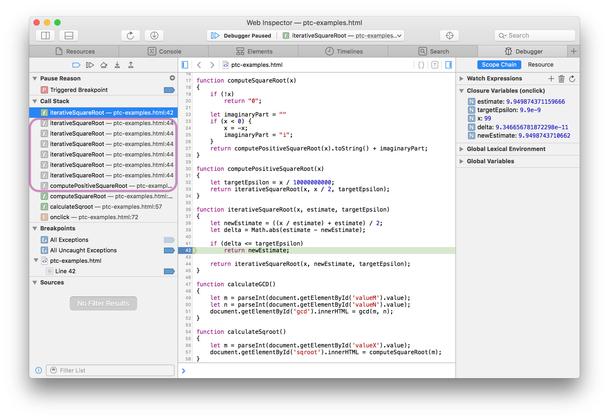 Breakpoint with tail deleted frames in the stack.