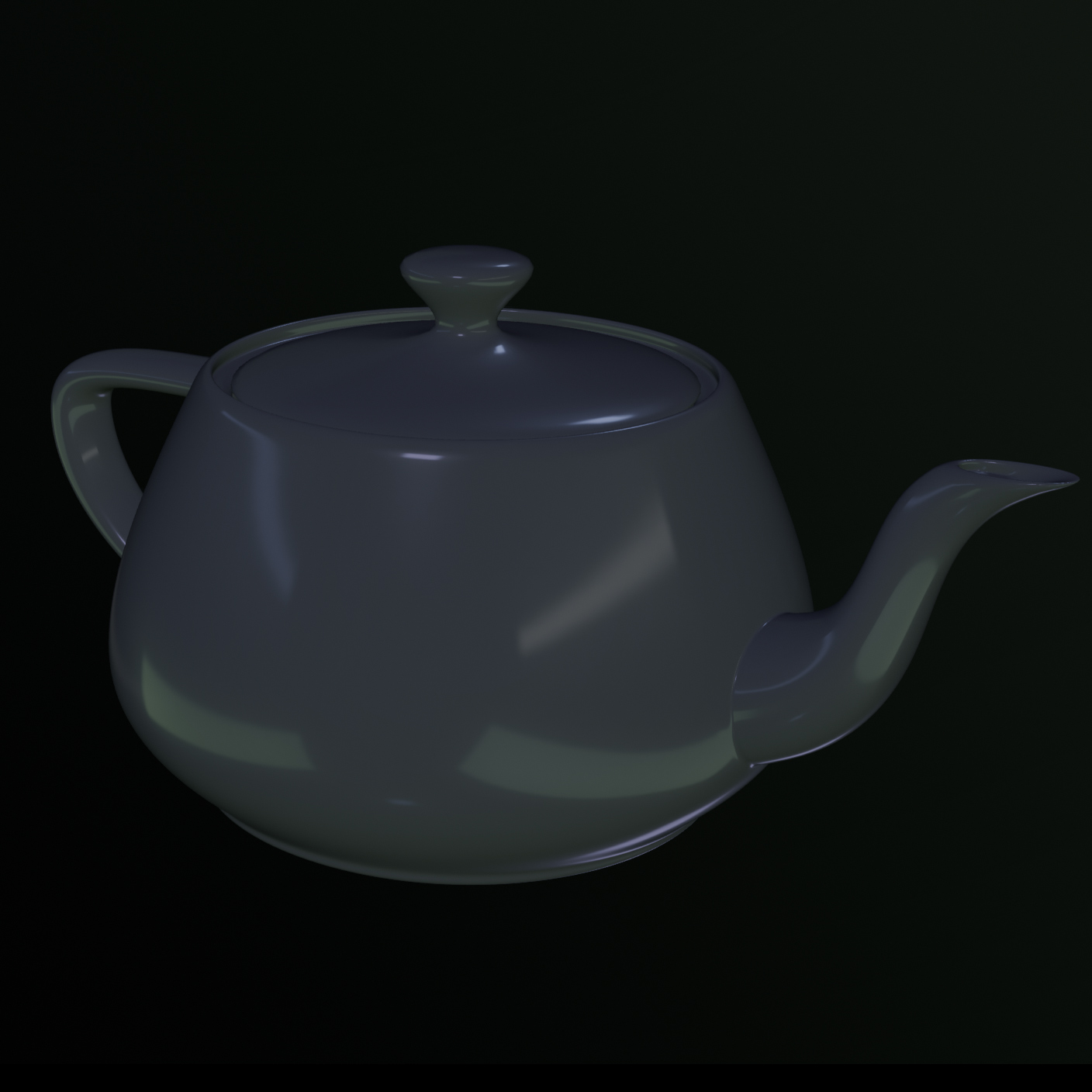 The same teapot model model under darker, night-time lighting
