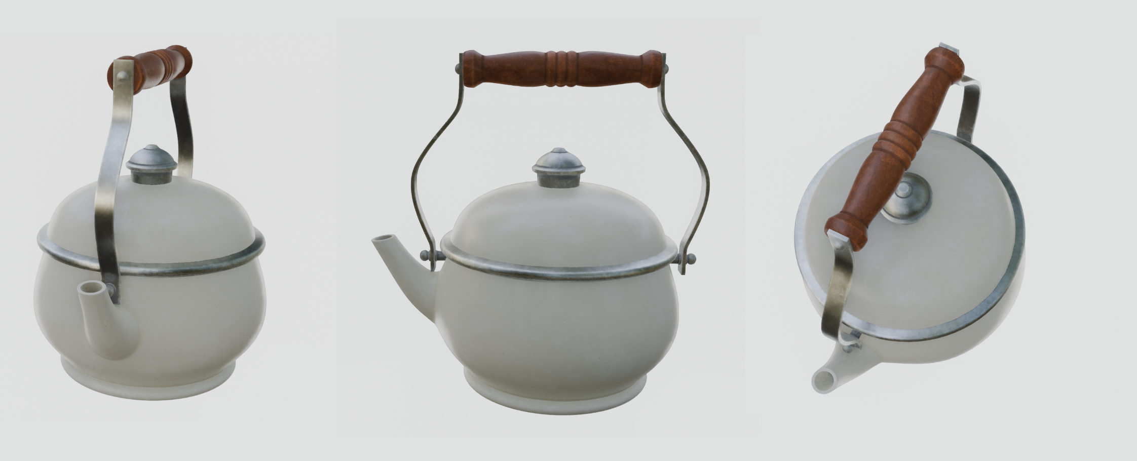 Three images of a teapot, rotated according to different DOMMatrix transformations